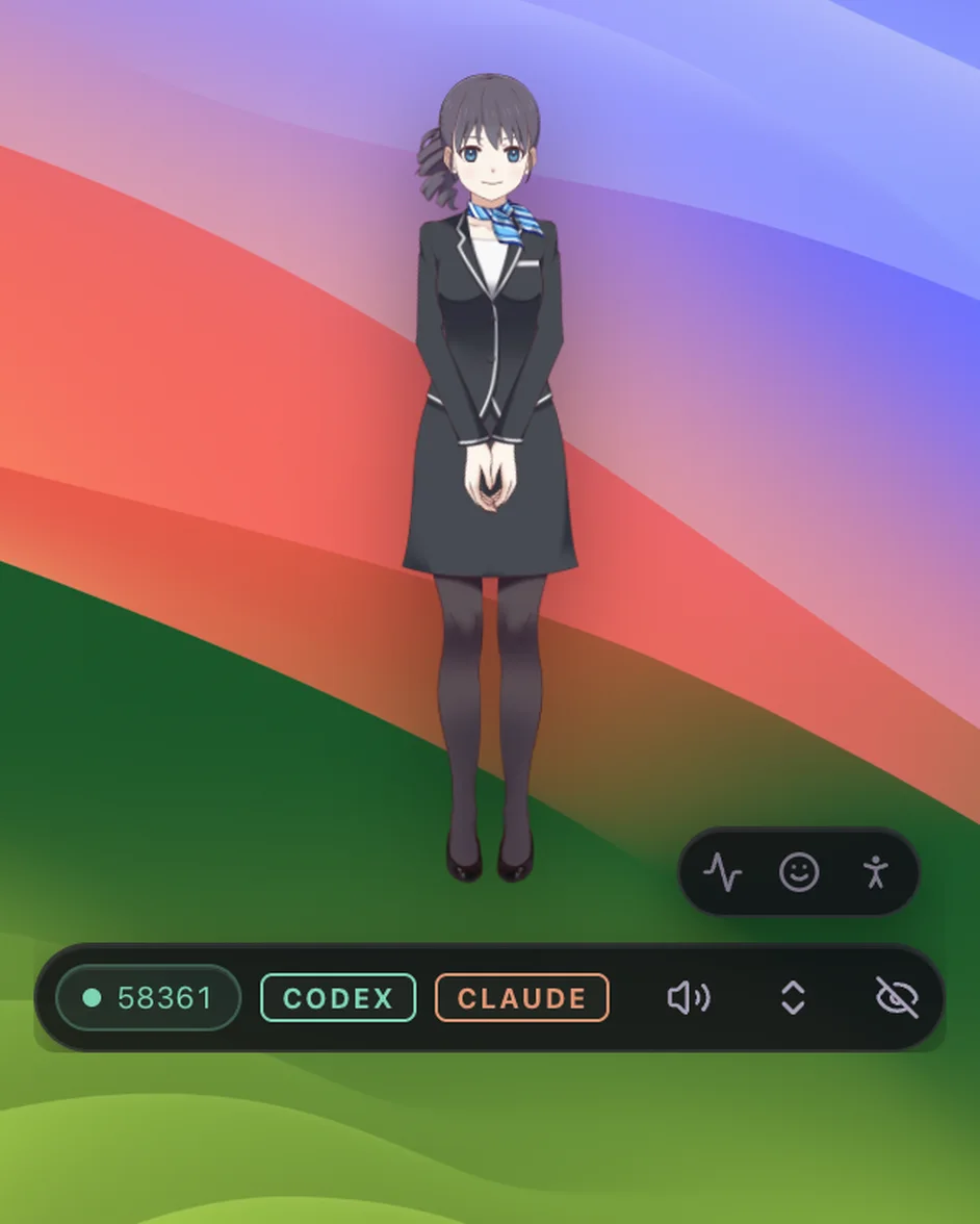 CodeWaifu standing on a transparent desktop stage