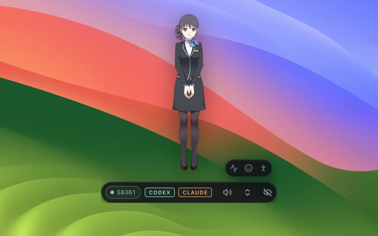 Transparent stage: she stands on your wallpaper, status pill and tools floating at her feet.