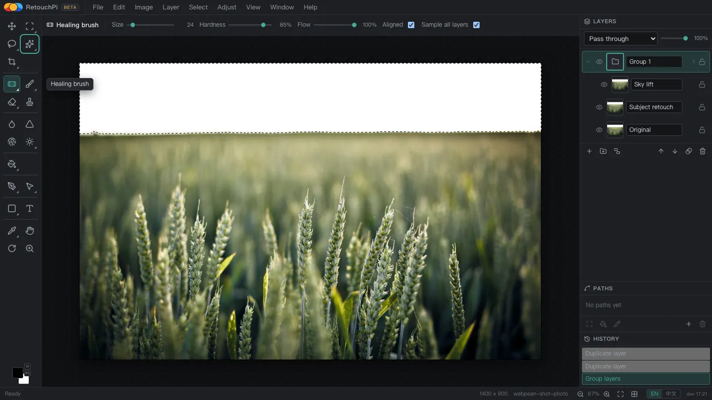This is RetouchPi itself, not a mock-up: forty-nine tools with the foreground/background swatches beside them, the options bar for the tool in hand, and a layer tree carrying groups, masks and blend modes; hovering a tool prints its name, and the marching ants over the sky are one click of the magic wand.