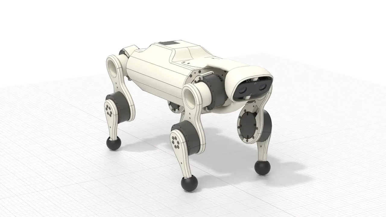 build123d 建模的四足机器人 CAD 渲染：米白色外壳与腿连杆、髋膝圆柱执行器、球形足、双目相机头，站在浅色网格地面上