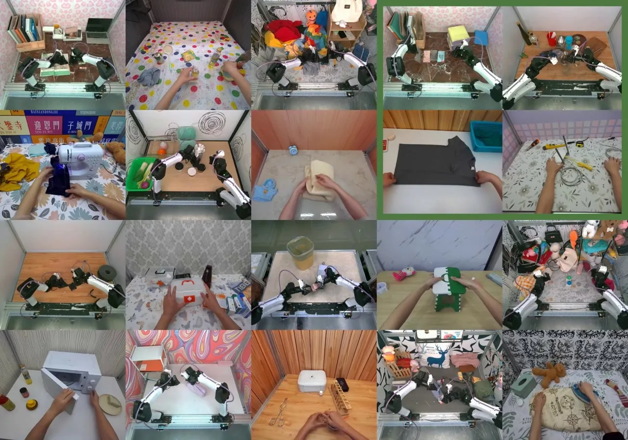 Montage of AW-0 real-world tasks including fruit arrangement, backpack packing, lightbulb replacement and towel folding
