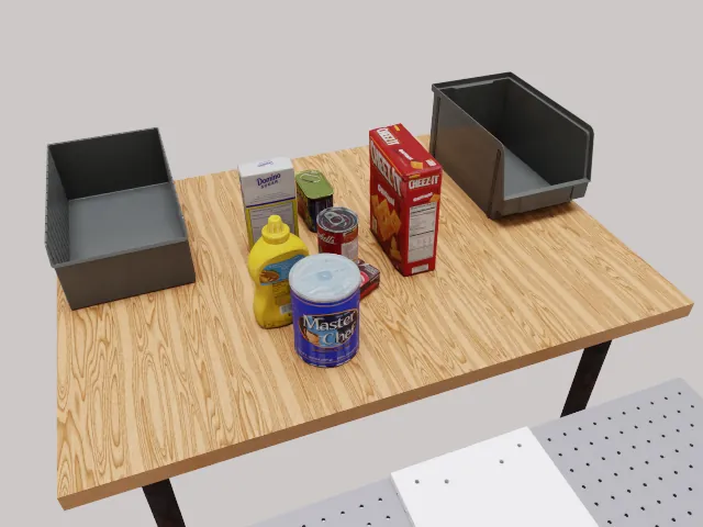 RoboLab scene: canned and boxed food with two bins for sorting tasks.