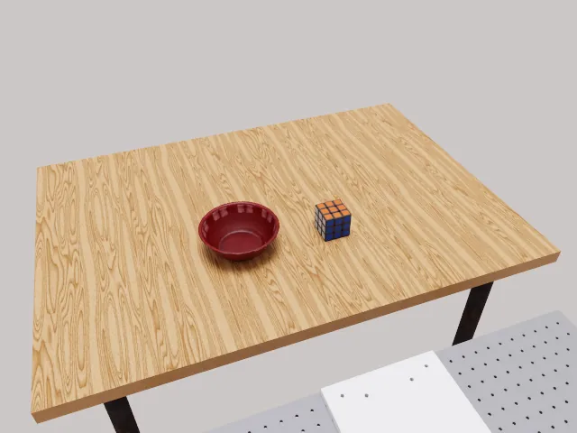RoboLab scene: a red bowl and a Rubiks cube on a tabletop.