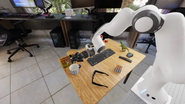 Wrist camera view of a marker and a mug before tool-based inspection.