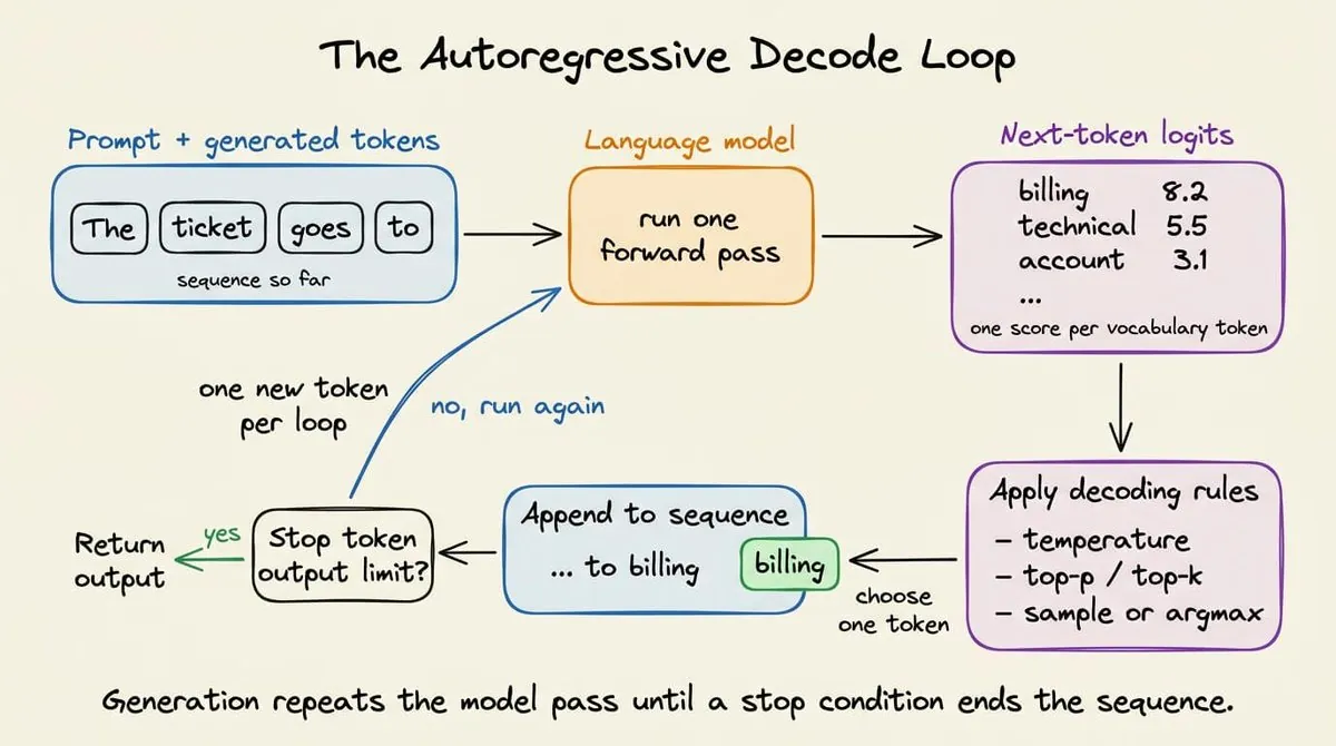 The autoregressive decode loop: forward pass, logits, decoding rules, append, repeat