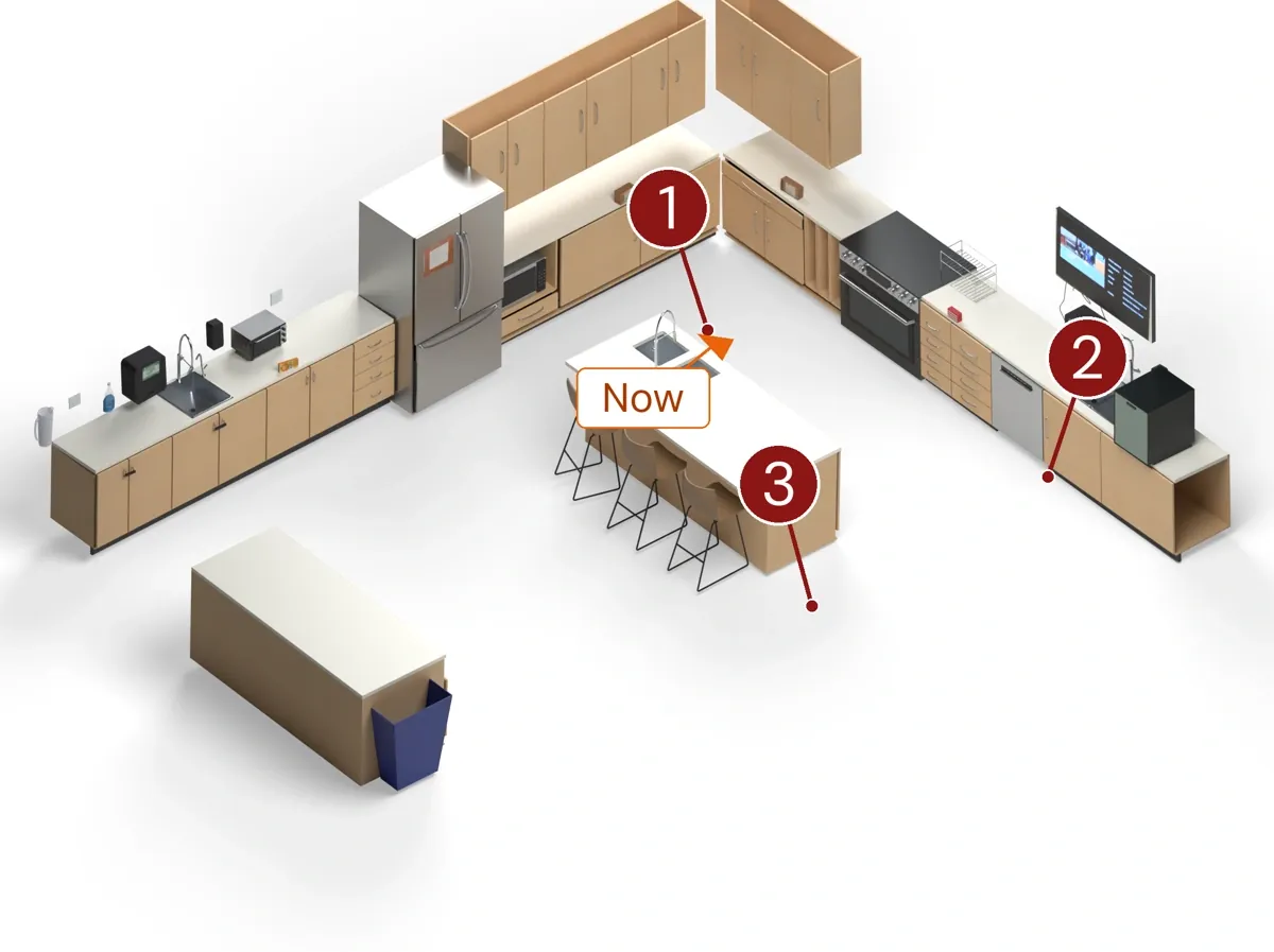 Isometric view of the simulated kitchen with three numbered markers pointing at remembered locations (refrigerator wall, sink cabinet, island) and a Now label at the G1's current pose and facing