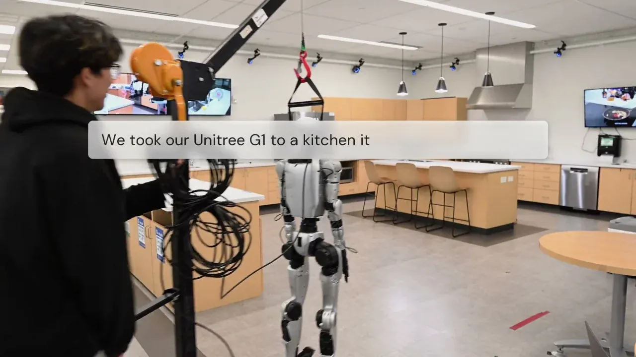 A researcher holding a pole-mounted iPhone rig aimed at the Unitree G1 in the kitchen, with the caption bubble We took our Unitree G1 to a kitchen it