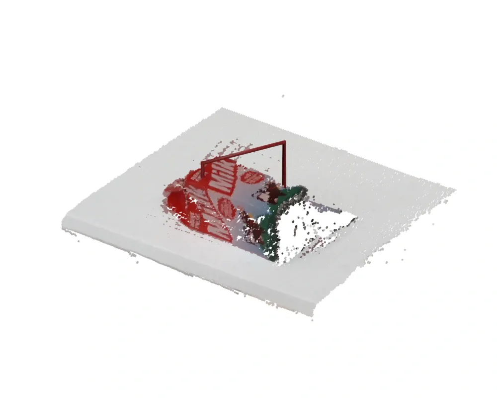 3D view: a red-and-white point cloud shaped like the carton on the counter plane, with a red grasp frame standing above it