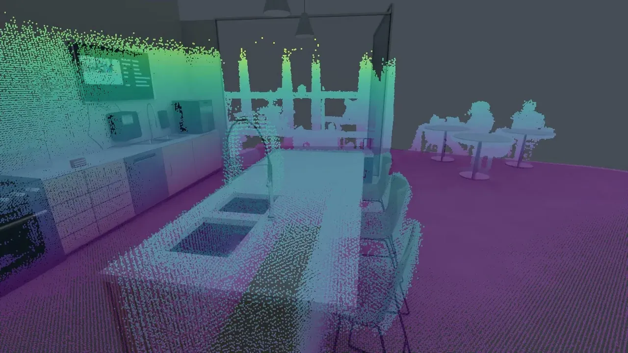 Height-colored SLAM point cloud of the kitchen interior outlining the island, stools, cabinets and wall monitors