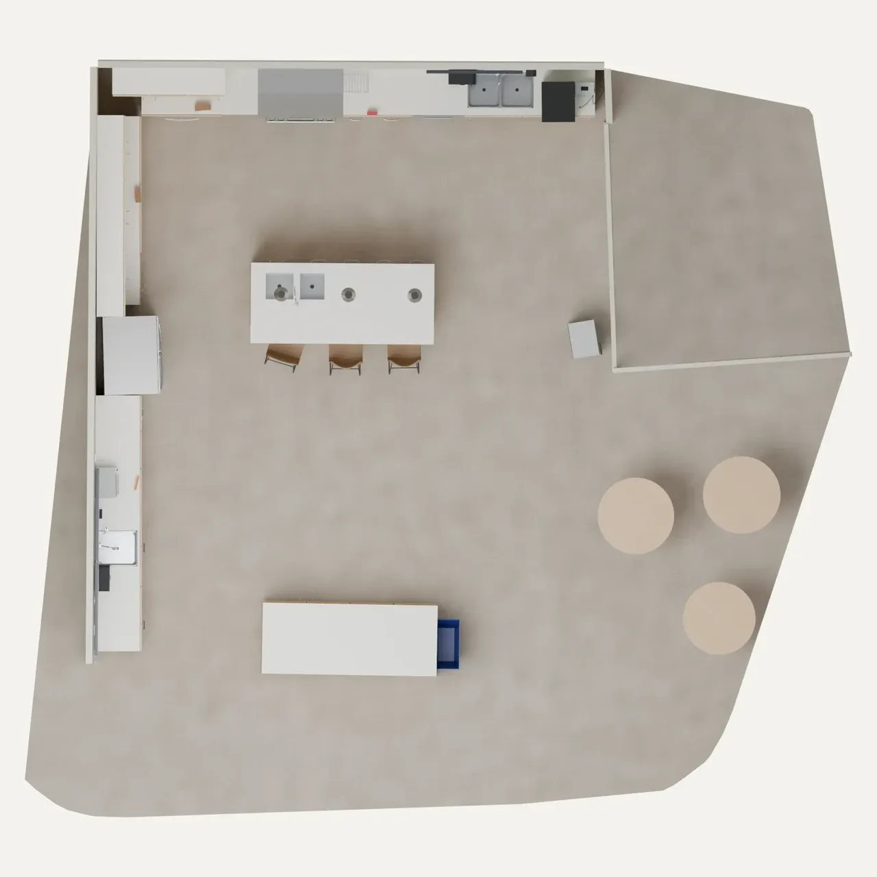 Top-down render of the digital twin: beige floor, white island and counters, three round stools