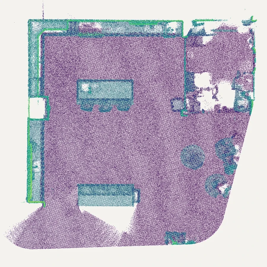 Top-down view of the height-colored SLAM point cloud map: purple floor, teal counters and green wall lines outlining the kitchen