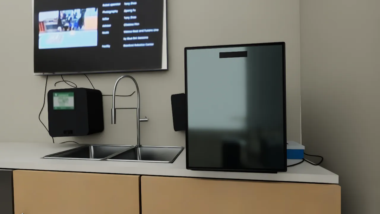 Digital-twin render from the same viewpoint: corner sink, black dispenser boxes and monitor back panel