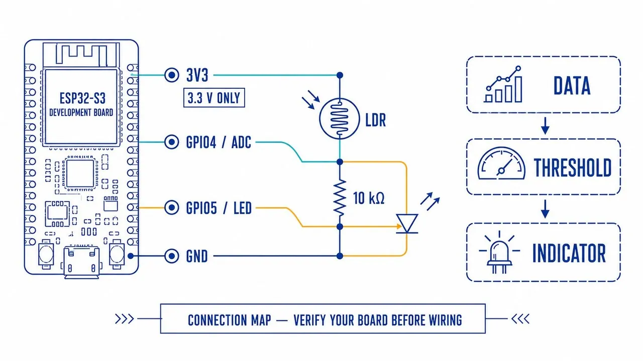 ESP32-S3 dusk-light wiring diagram with an LDR voltage divider on GPIO4 and an LED through a current-limiting resistor on GPIO5.