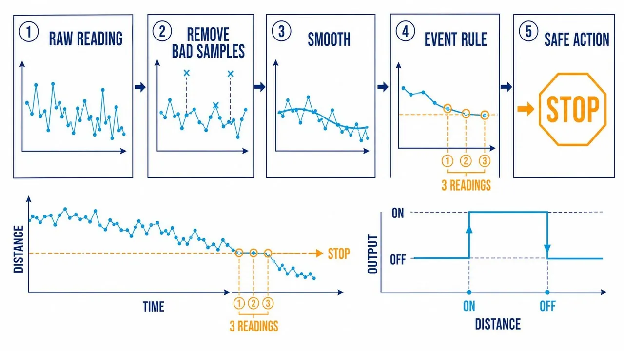 Signal-processing diagram showing raw readings, outlier rejection, smoothing, three consecutive confirmations, and a STOP decision.