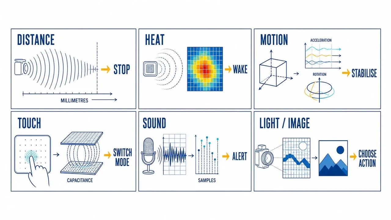 Six physical quantities mapped to sensor types and first useful actions: distance to stop, heat to wake, motion to stabilise, touch to switch mode, sound to alert, and light or image to choose an action.