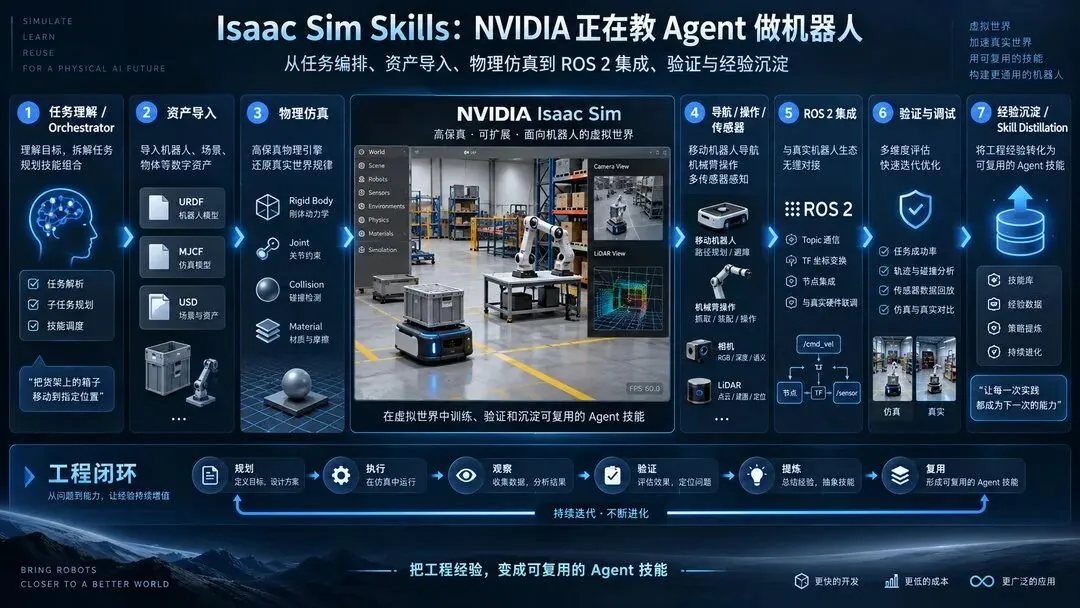 Panorama of Isaac Sim Skills: task orchestration, asset import, physics simulation, ROS 2 integration, validation and experience distillation arranged around an Isaac Sim viewport