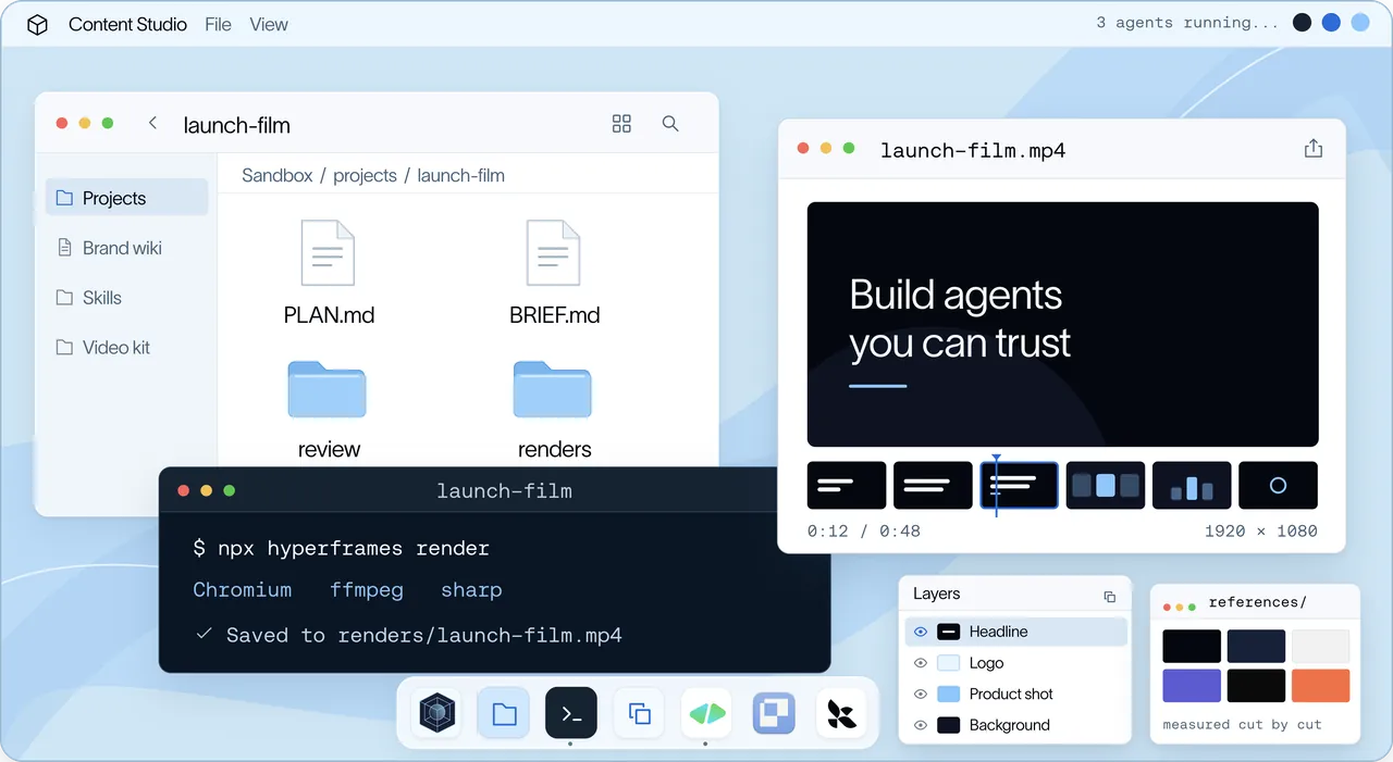 LangSmith Sandbox 中模拟的设计师电脑，包含应用窗口、文件和 dock。