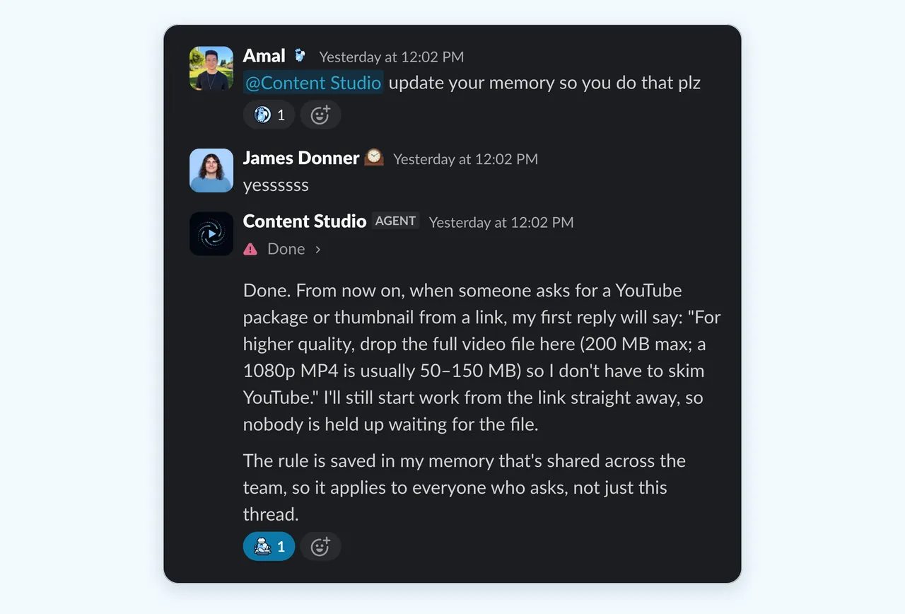 Slack 对话中，Content Studio 把用户的文件大小规则保存进共享记忆。