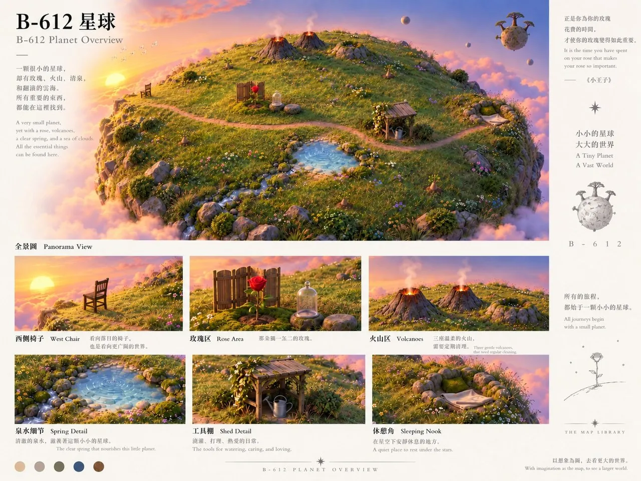 Design board for planet B-612: a hero view of the round planet above a sea of clouds with grass slopes, a hut, volcanoes and a pond along a path, plus multi-angle views and close-up detail tiles below