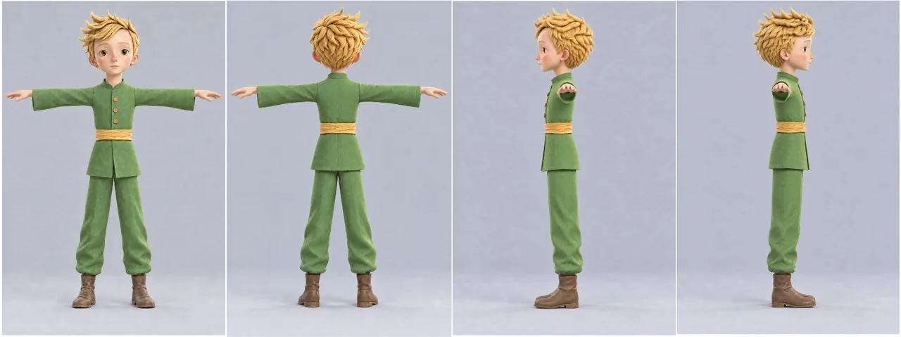 T-pose four-view of the Little Prince: front, back and two side views side by side, with the green tunic, yellow scarf and blond hair consistent across views