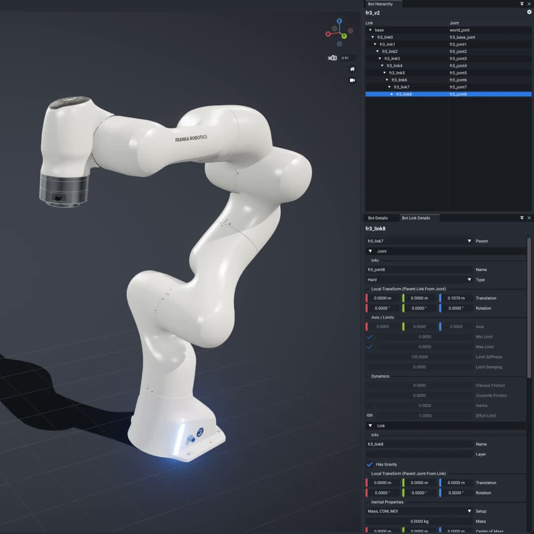 A Franka arm open in the Bot Editor, with the Bot Link details panel