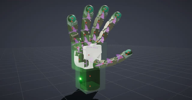 A dexterous robotic hand shown with link, joint, and collision geometry overlays