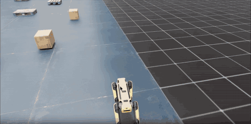 A GIF showing Spot quadruped navigating between warehouse racks, pallets, boxes, and floor markings