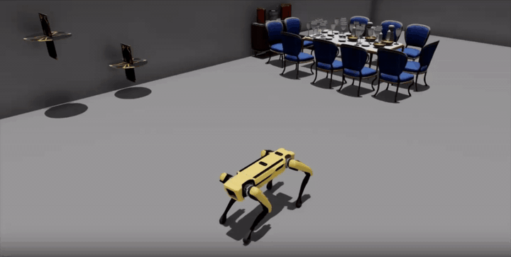 A GIF showing a yellow Spot quadruped standing in a simulated indoor scene with furniture and walls