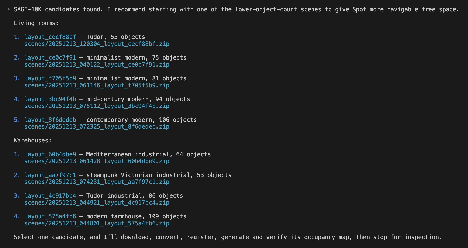 Terminal output lists compatible SAGE-10K living room and warehouse scenes with metadata