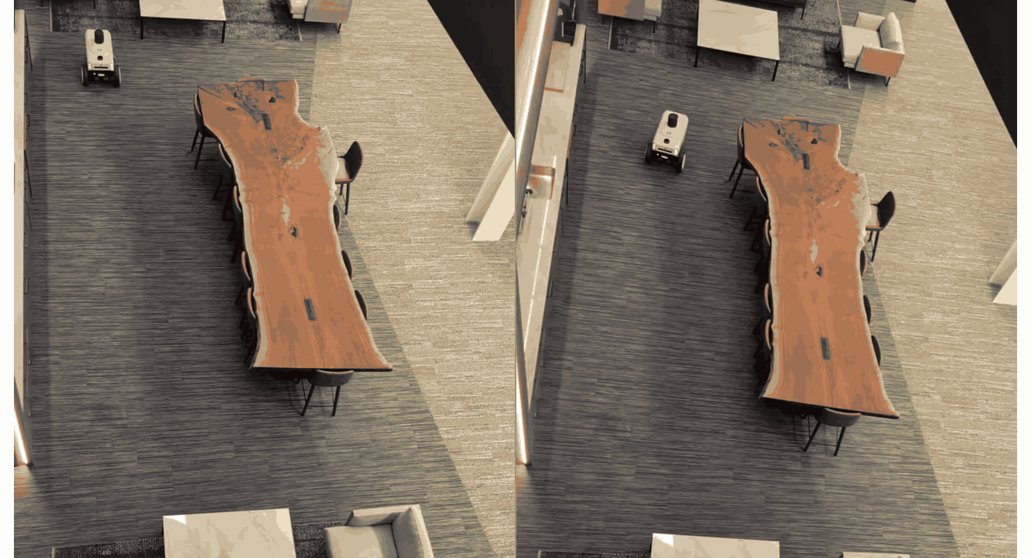 Side-by-side GIFs showing robot navigation rollouts around a conference table comparing synthetic and NuRec Real2Sim policies