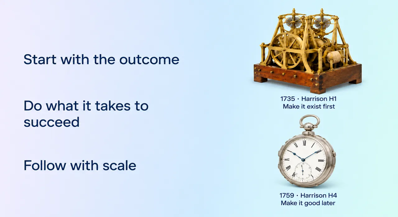 A slide showing start with the outcome, do what it takes to succeed, then follow with scale, illustrated by Harrison's H1 and H4 clocks.