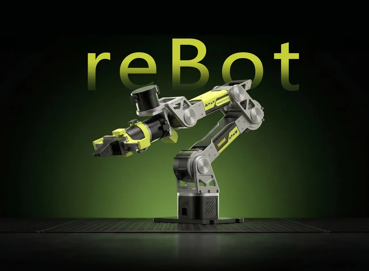 reBot-DevArm 六轴机械臂与平行夹爪，墨绿色背景渲染图