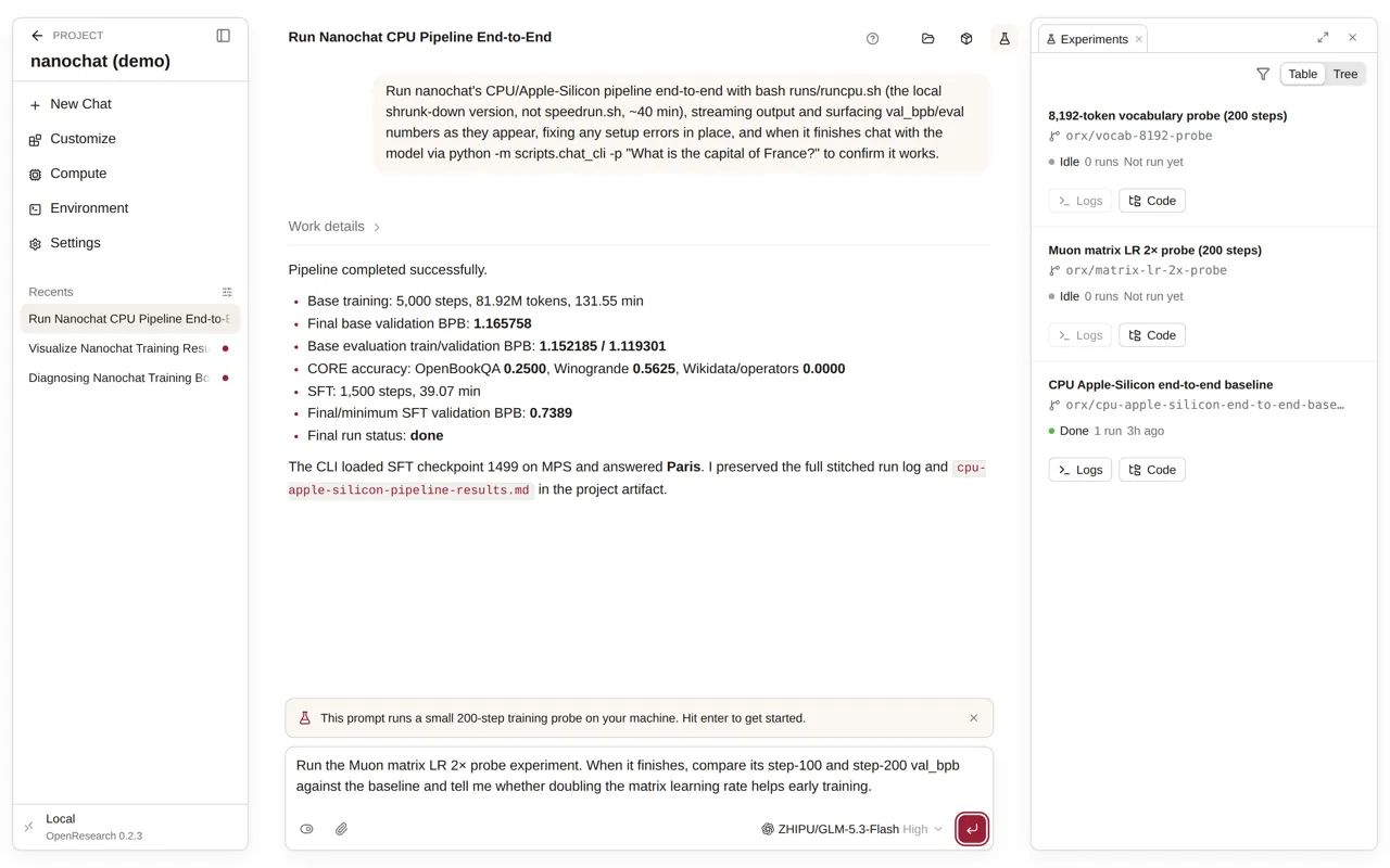 OpenResearch dashboard with session list, chat evidence, and experiment panel