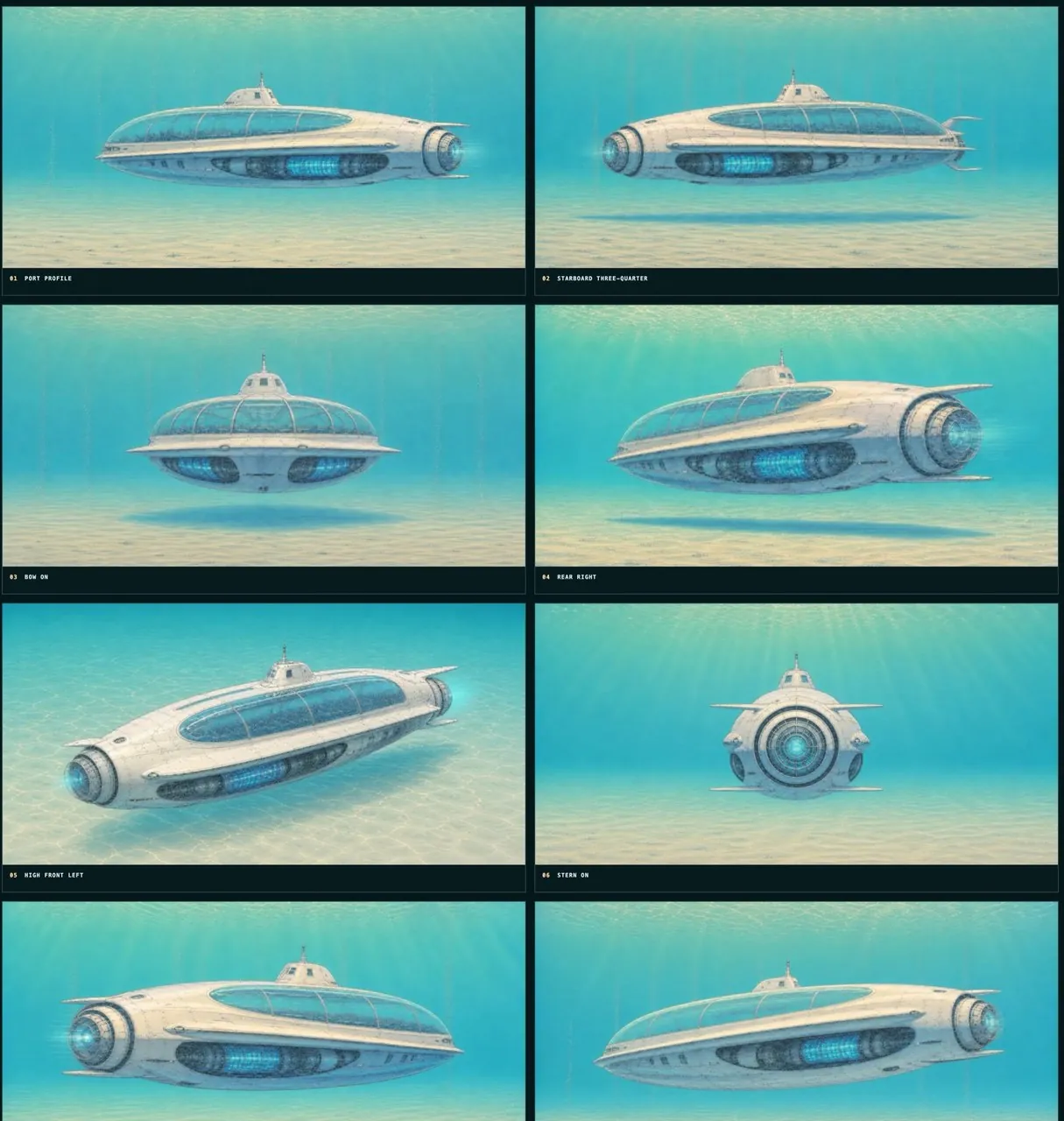 Eight generated viewpoints of the submersible derived from one concept image