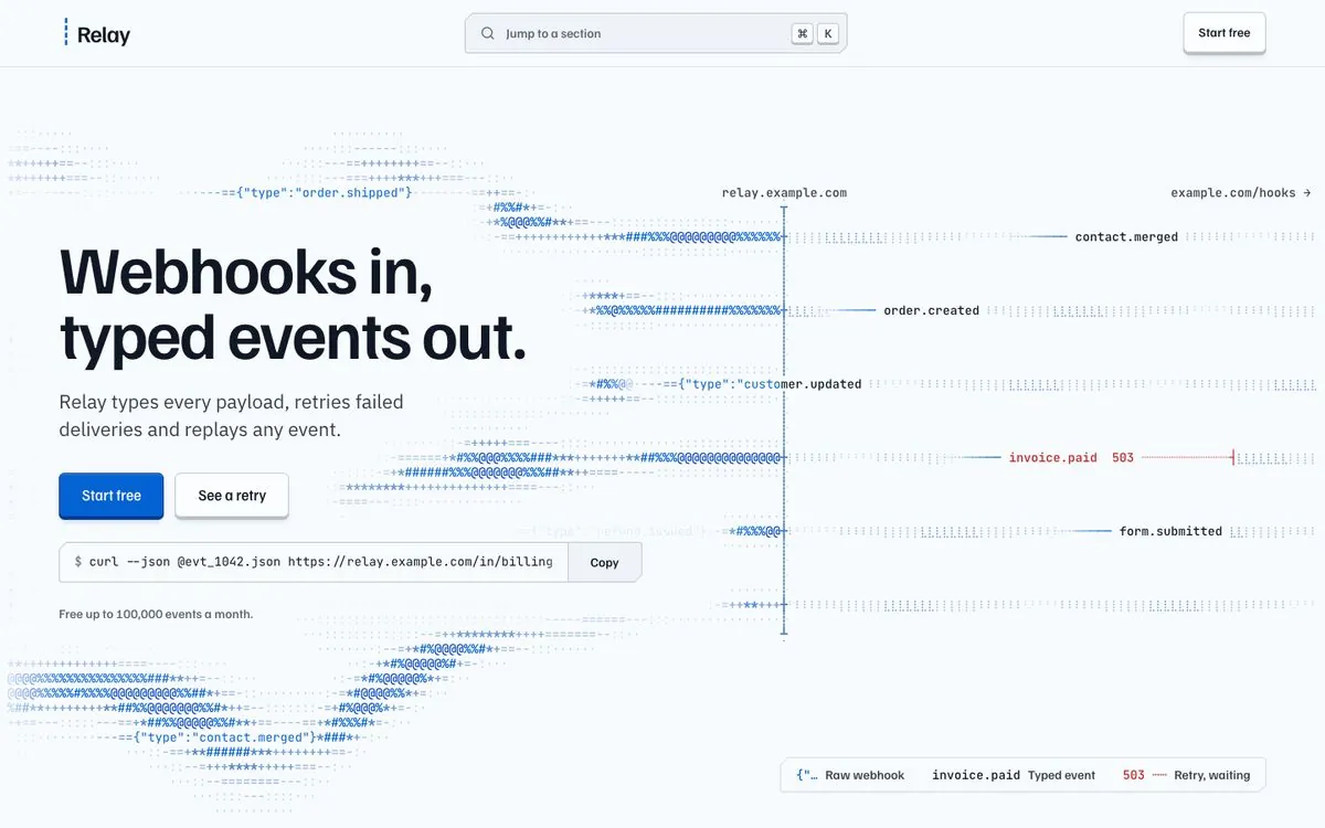 The Cobalt theme in Hallmark, shown on a page for Relay, a webhook API