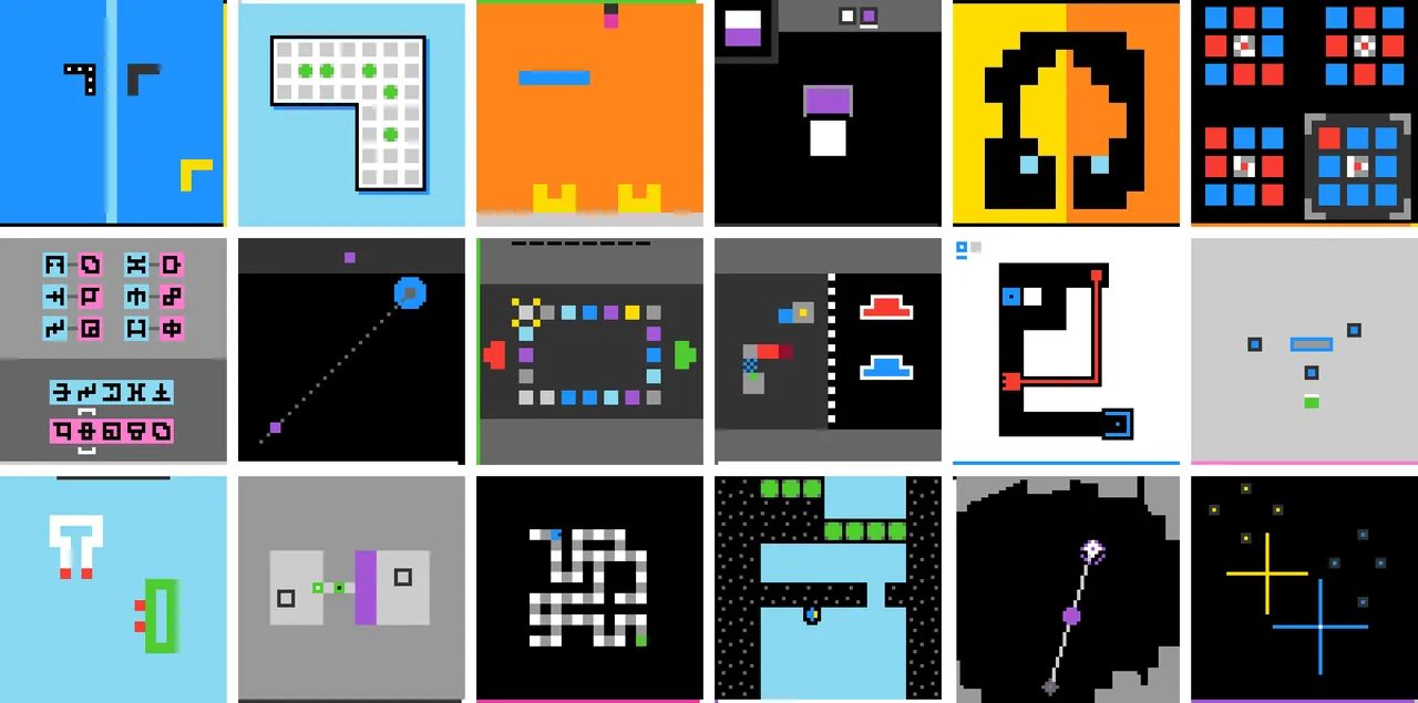 Eighteen of the 25 public ARC-AGI-3 environments, each shown as a completed VISTA run