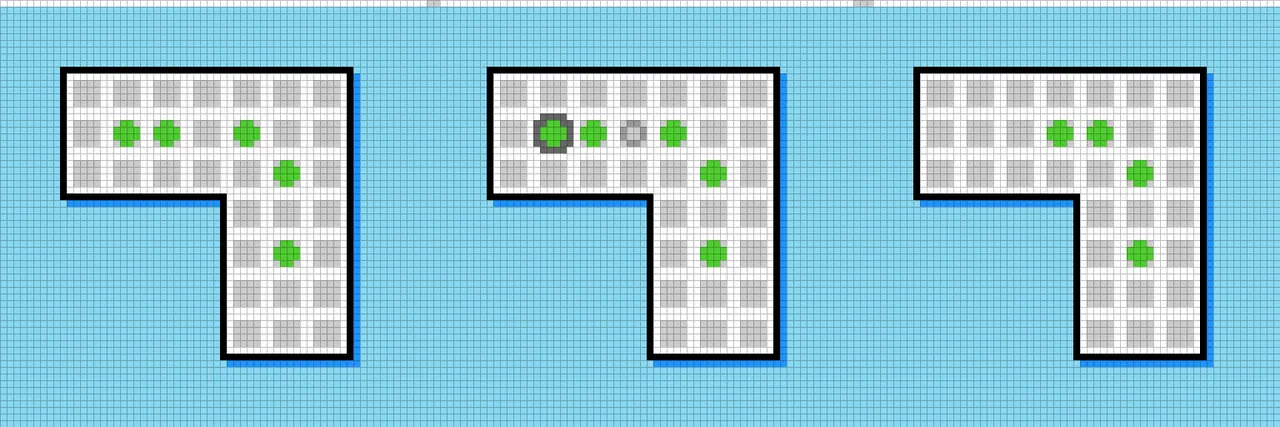Three frames of the LF52 jumping mechanic: the board with five green pegs, a selected peg with its landing hole two cells away, and the position after the jump