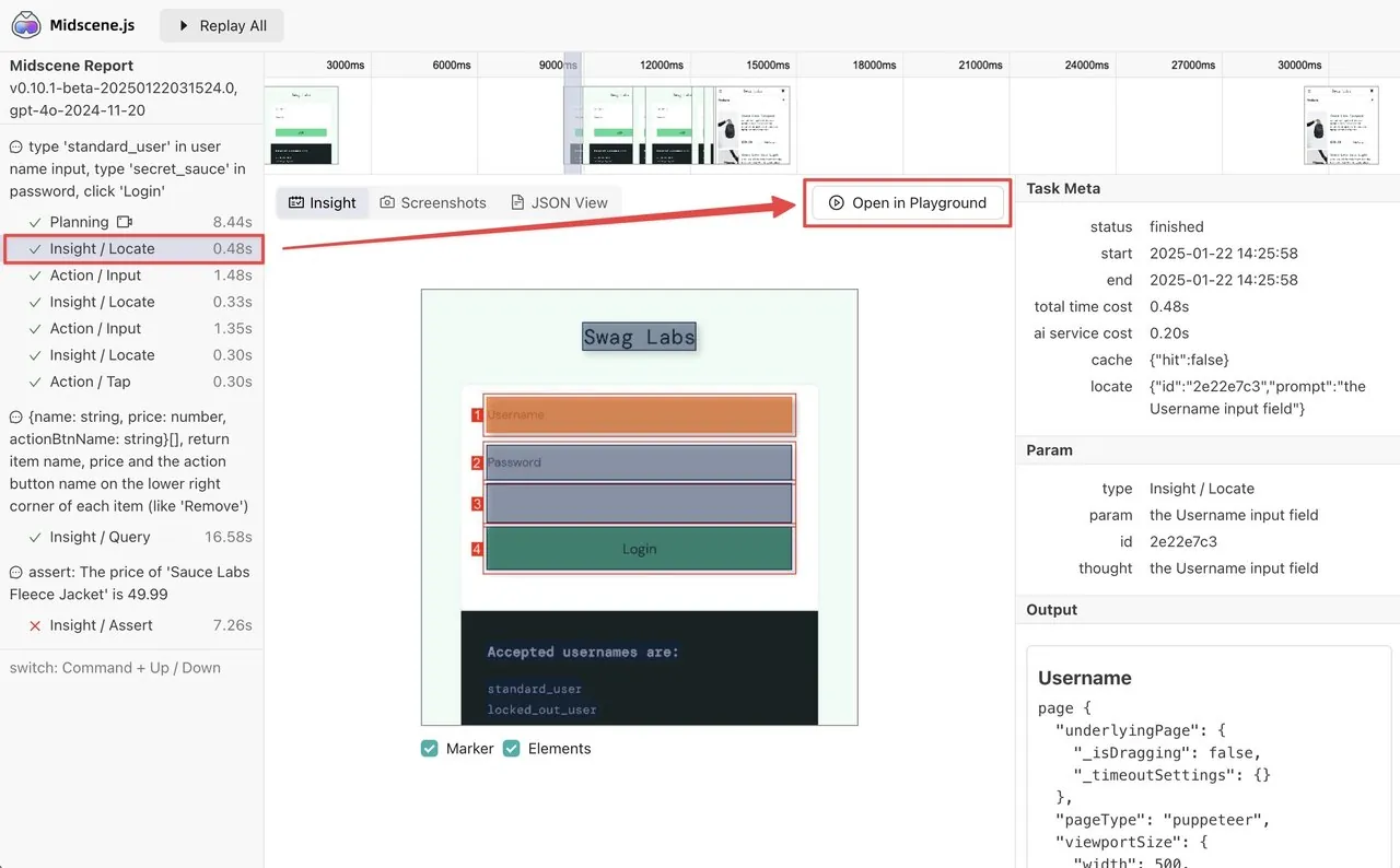 An interactive HTML report generated by Midscene: a left timeline lists the duration of each planning, locate, action, query, and assertion step, the center shows the screenshot with element-location boxes, and the right side shows task meta, parameters, and output