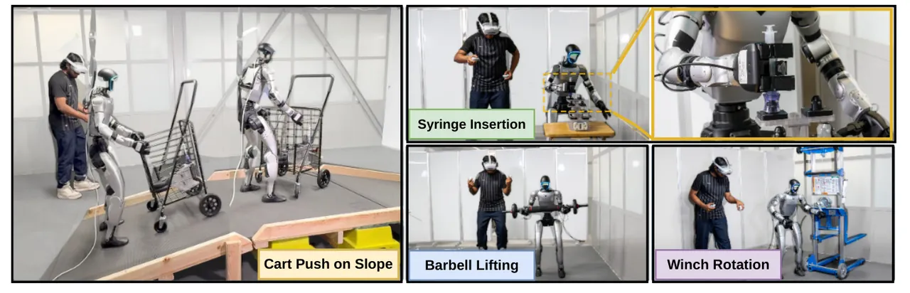 BRACE hardware tasks: cart push on a slope, syringe insertion, barbell lifting, winch rotation