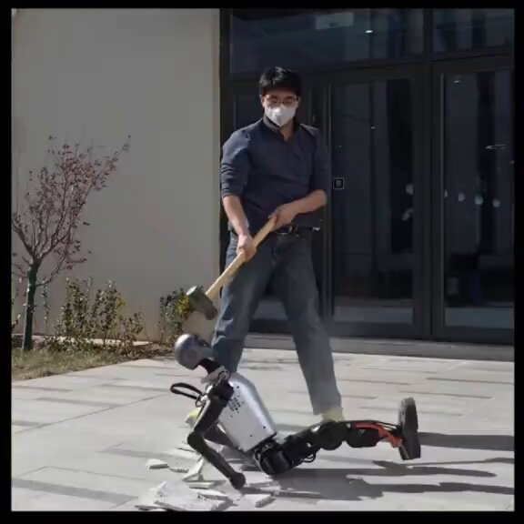 Humanoid robot stands back up after a sledgehammer hit