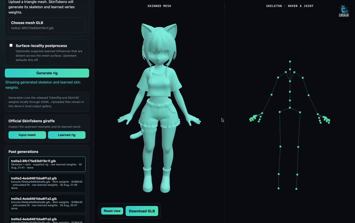 skin-tokens.cpp: Open-Source Skeleton and Skin-Weight Generation for Humanoid Meshes
