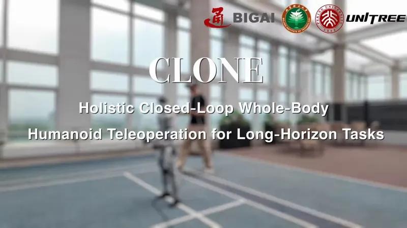 CLONE: whole-body humanoid teleoperation from a single MR headset — closed-loop correction plus MoE tracking keeps 5.1cm error over 8.9m, built for long-horizon data collection