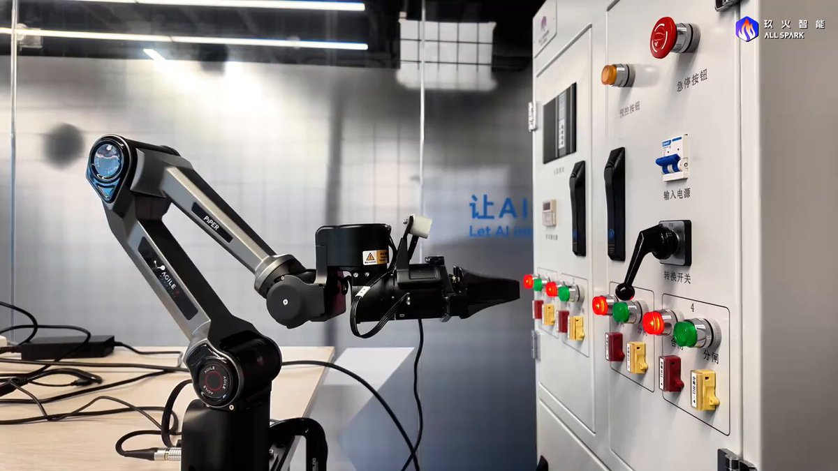 ALL SPARK robotic arm operates an electrical control panel with precise industrial positioning